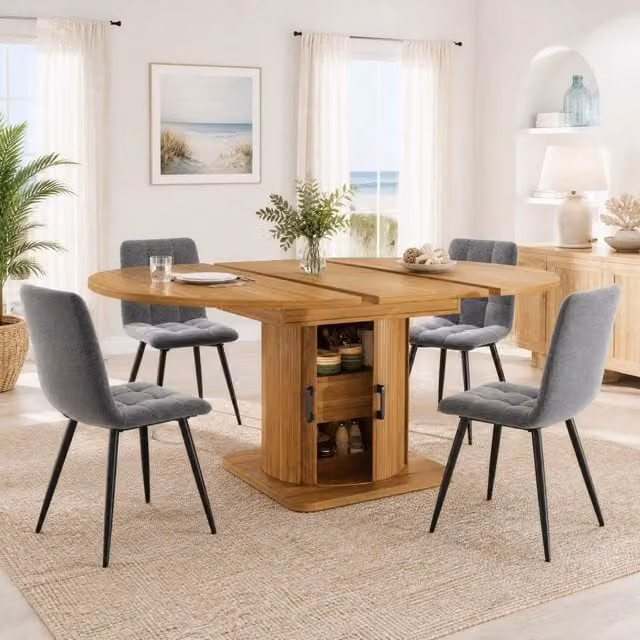 Set tavolo cucina e sedie 1 tavolo allungabile con cassetti e 4 sedie imbottite in MDF e lino marrone scuro e nero
