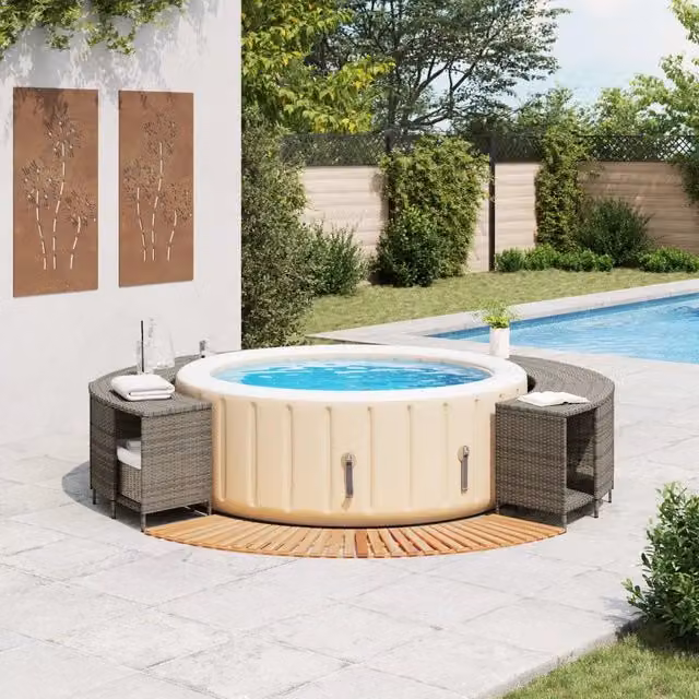 Bordo per Spa vidaXL in Polyrattan Grigio e Legno di Acacia Oliato
