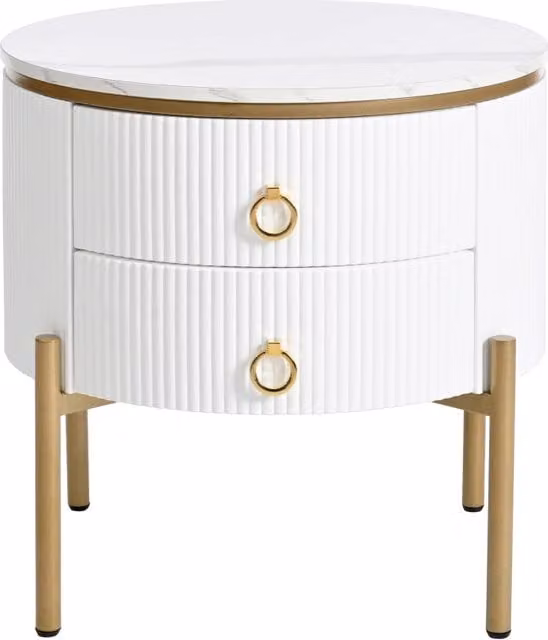 Tavolino da salotto rotondo con 2 cassetti, gambe regolabili, finitura marmo bianco e oro, in MDF, diametro 50 × 51 cm