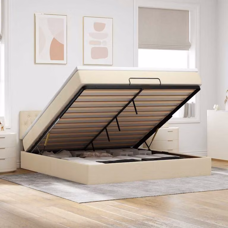 vidaXL Struttura Letto con Contenitore e Materasso in Tessuto, Colore Beige e Bianco, L 160 x P 200 cm