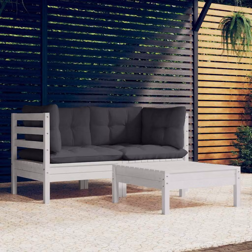 Set di divani da giardino vidaXL a forma di L con cuscini, composto da divano a 3 posti, elemento angolare e pouf, in legno di pino trattato e tessuto antracite e bianco