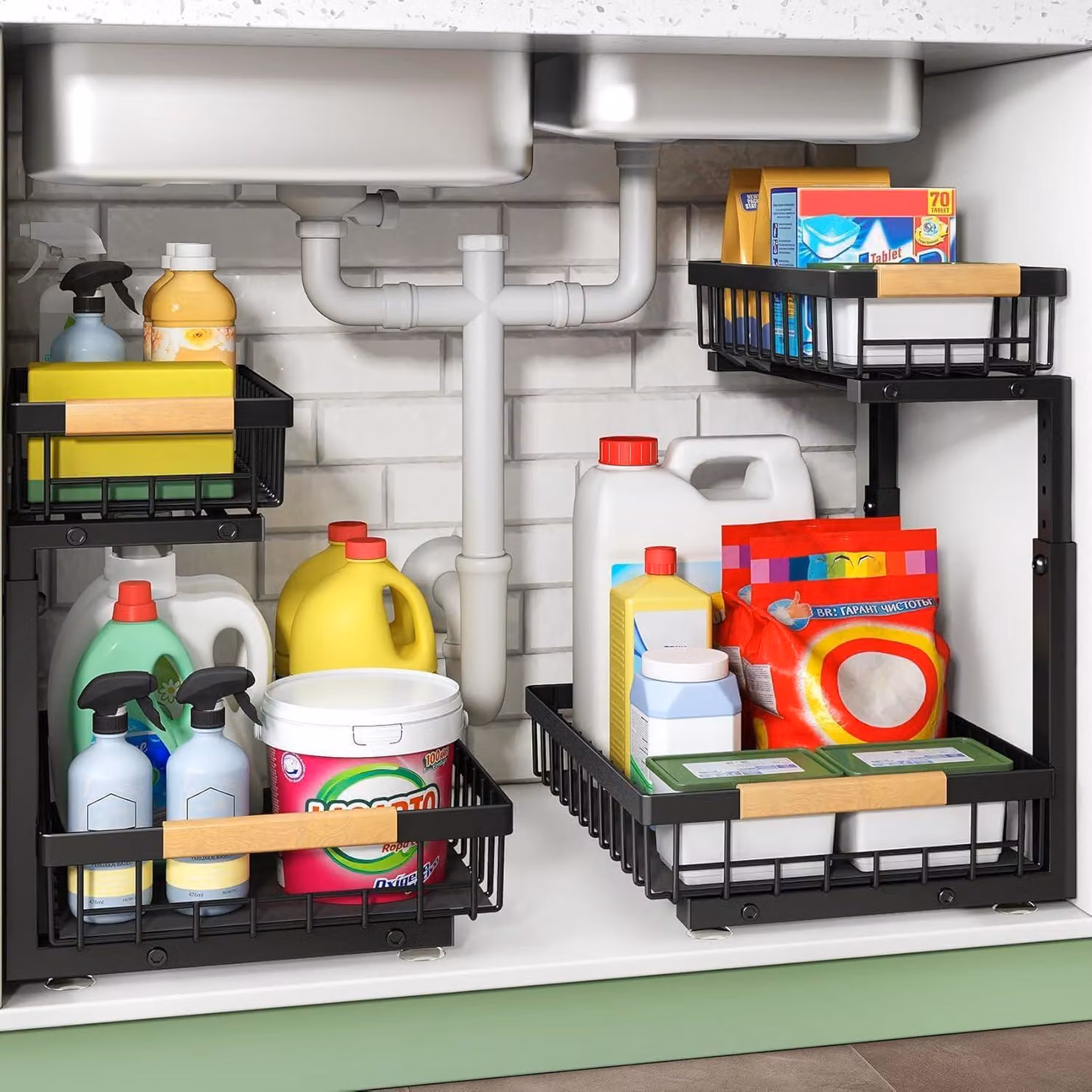 Organizzatore metallico da mobile, a 2 ripiani, confezione da 2 pezzi, estraibile, ideale per cucina e bagno
