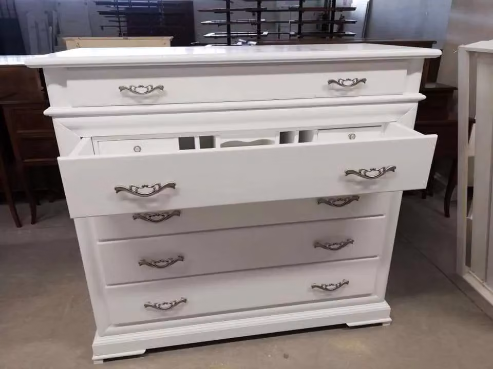 Comò con 5 cassetti e ribalta Mobili 2G laccato bianco opaco L: 127 cm, P: 52 cm, H: 117 cm – 1