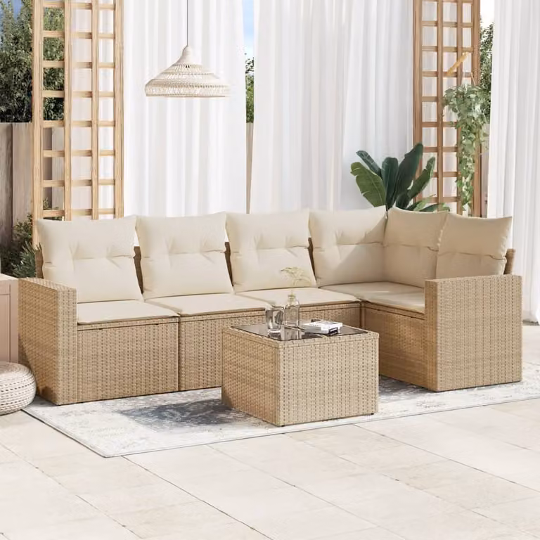 vidaXL Set Divano da Giardino a L da 6 Pezzi con Tavolino in Vetro e Cuscini Beige