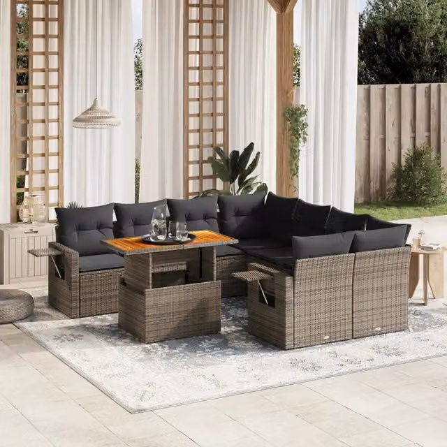 Set Divano da Giardino 9 pz con Cuscini Grigio in Polyrattan 3271683