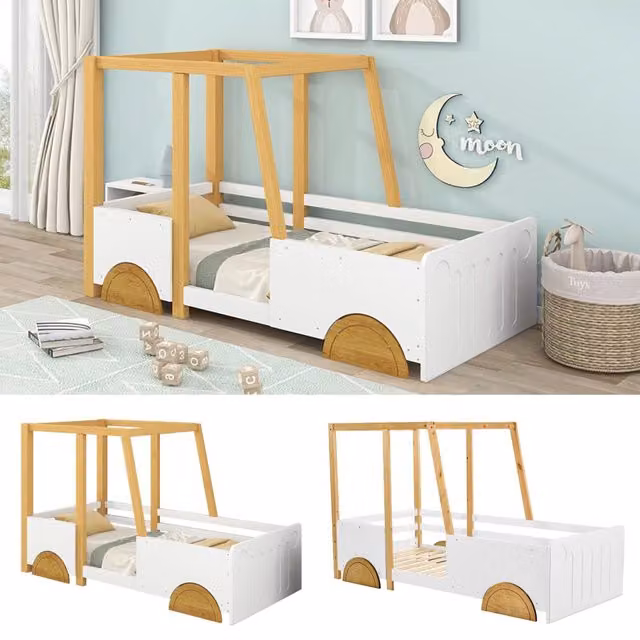 Letto per bambini a forma di auto 90x200 cm; con sponde; struttura in pino e MDF; bianco e naturale