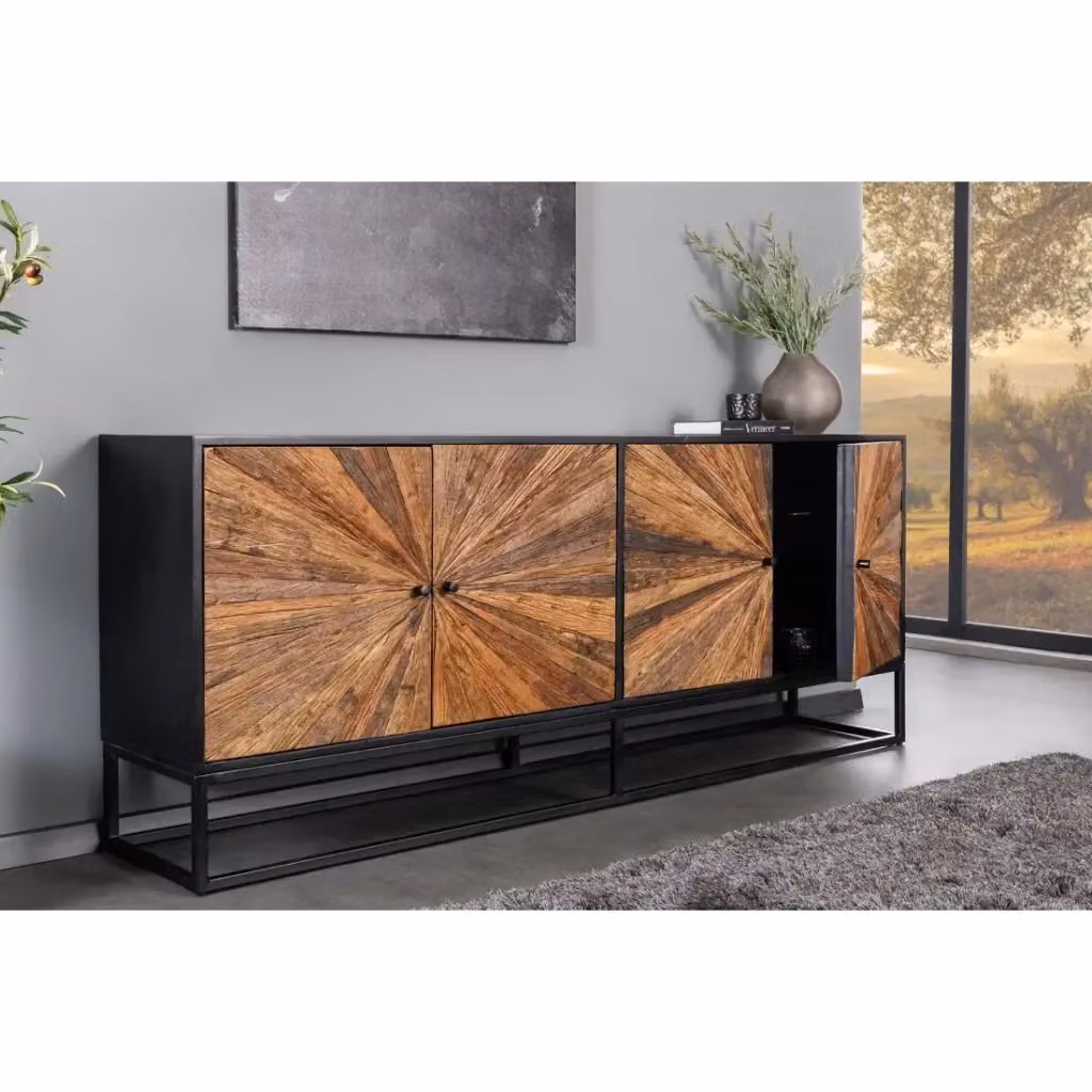 Buffet RAOKA Meublorama in legno massiccio di mango e teak con motivo solare scolpito, colore marrone e nero – 2