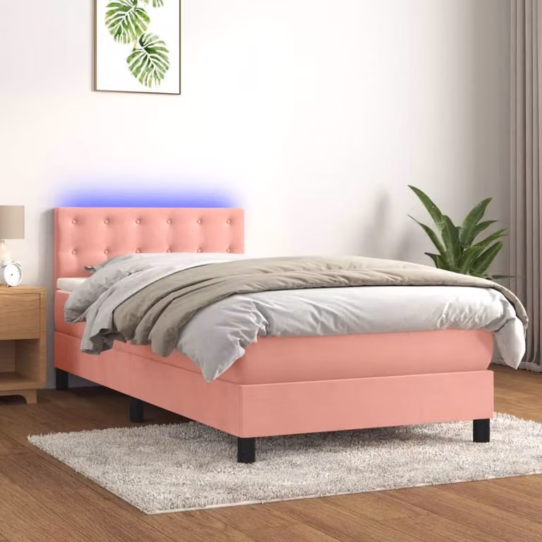 The Living Store Letto a molle con materasso e LED Rosa 80x200 cm Velluto