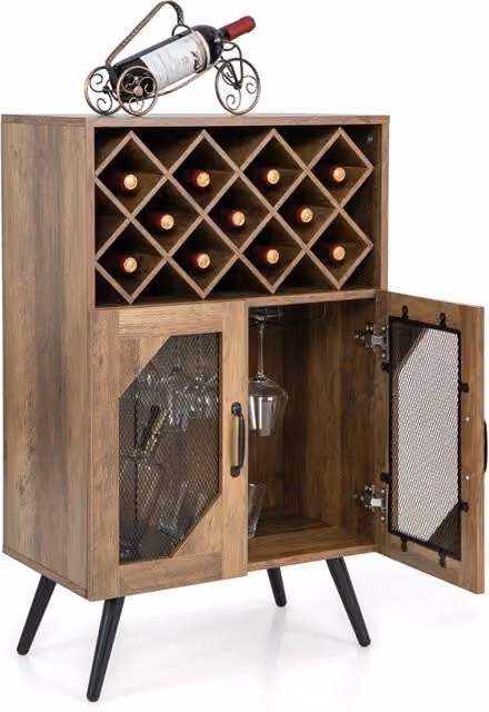 Cantinetta vino industriale con portabottiglie e portavasi, credenza da cucina in legno e metallo con 2 ante a rete, Marrone rustico, L: 93.5 cm, P: 33.5 cm, H: 59.5 cm – 1