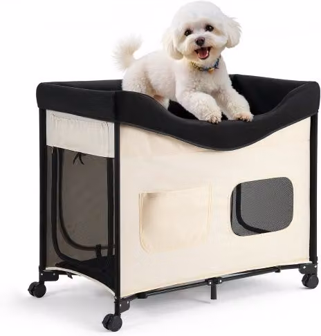 VEVOR Letto Rialzato per Cani e Gatti Taglia XL, Cuccia Pieghevole in Tessuto Oxford 600D e Velluto Olandese con Ruote e Tasche Laterali, Beige