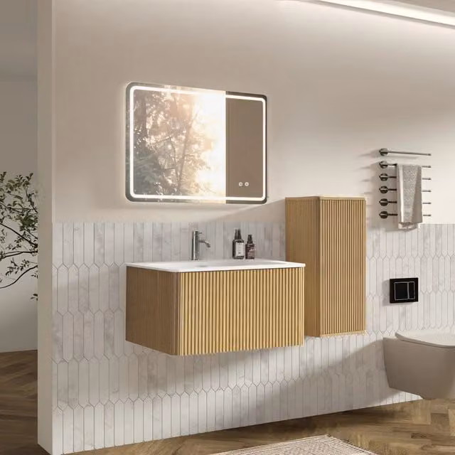 Set di mobili bagno sospesi con lavabo, specchio LED e colonna laterale, finitura rovere
