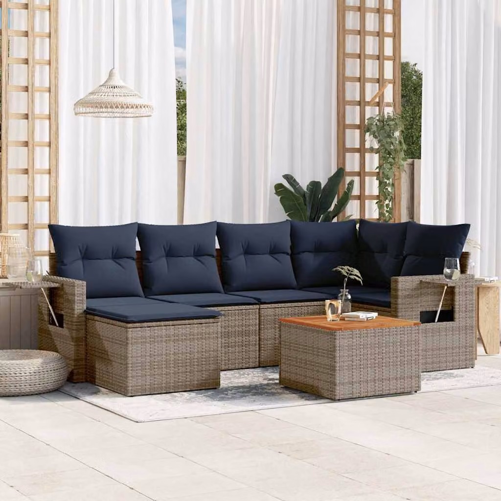 Set di divani da giardino vidaXL in polyrattan grigio con 7 pezzi e cuscini inclusi