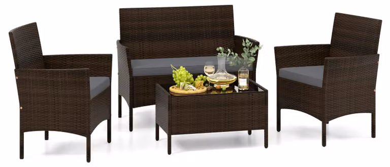 Set di mobili da giardino in polyrattan COSTWAY, mobili lounge, set con 2 poltrone, panca, tavolo e cuscini, mobili da terrazza, set da giardino grigio