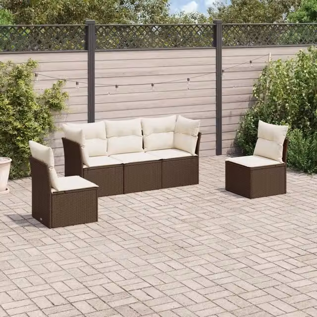 Set Divano da Giardino 5 pz con Cuscini-Sofa da Giardino-Divanetto da esterno Marrone in Polyrattan 110858