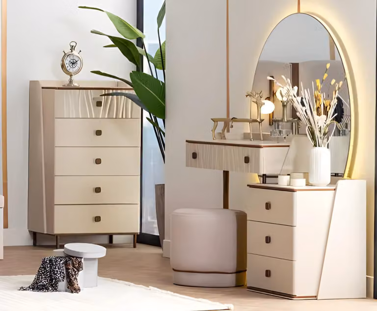 Gruppe Kommode Schminktisch Puff Schrank Konsole Holz Beige Frisiertisch
