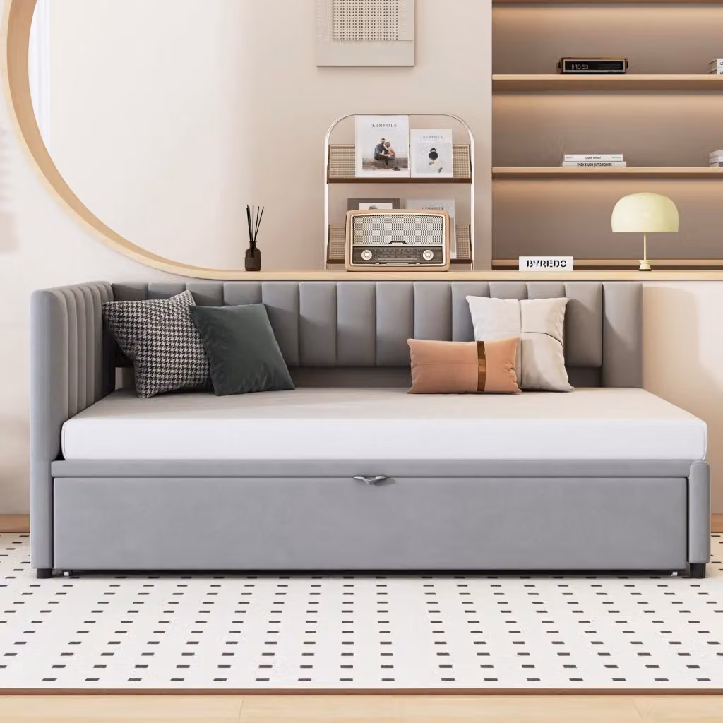 Letto estraibile singolo in velluto grigio con testiera imbottita e cassetti, disponibile nelle misure L: 90 cm x P: 200 cm o L: 180 cm x P: 200 cm – 2