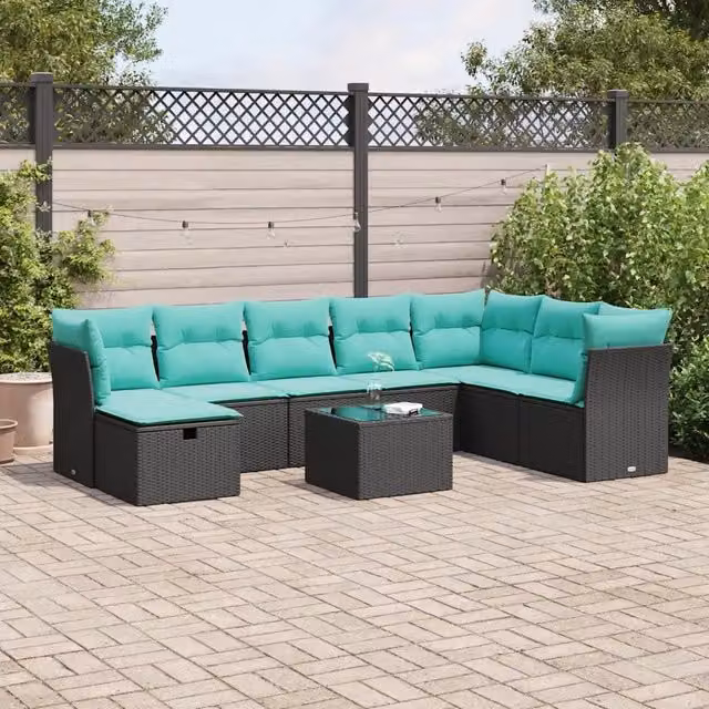 Set Divani da Giardino 9 pz con Cuscini Nero in Polyrattan 3325343