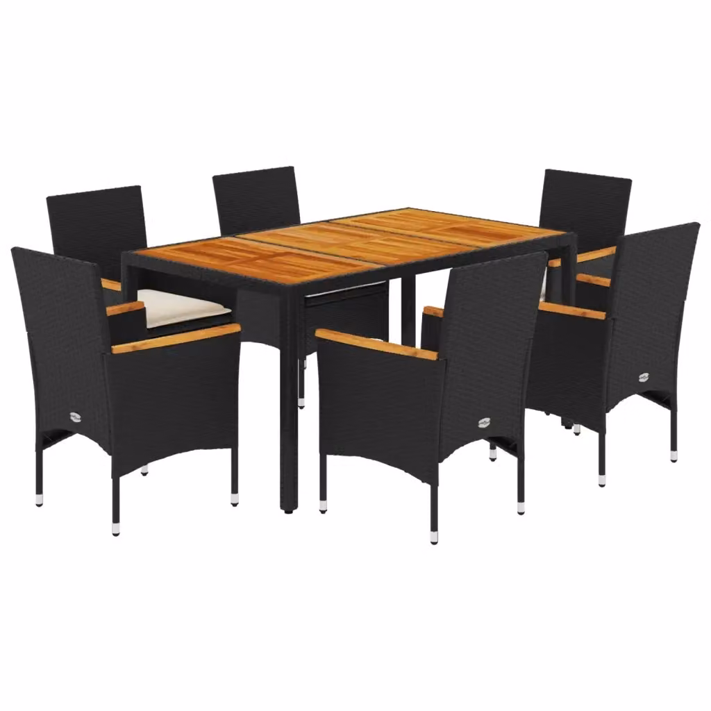 Set Pranzo da Giardino vidaXL in Polyrattan e Legno di Acacia Nero con Cuscini Beige, 7 Pezzi – 2