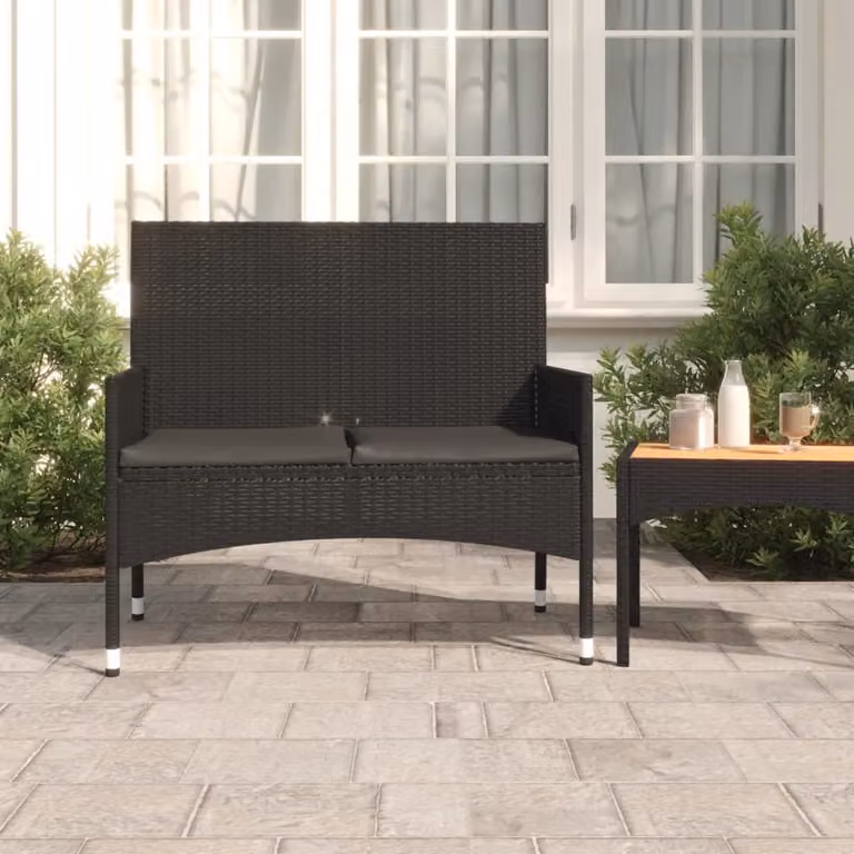 The Living Store Panca da giardino a 2 posti con cuscini in Poly Rattan nero