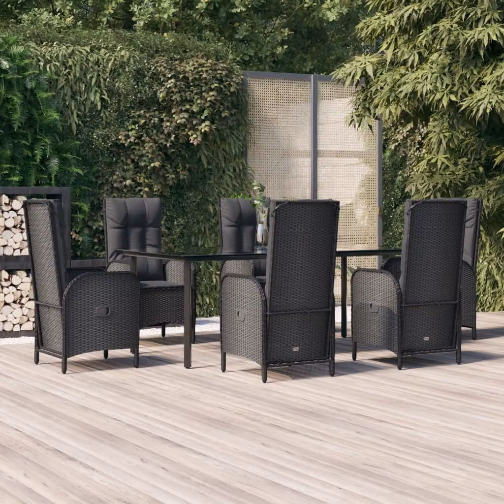 vidaXL Set da Pranzo da Giardino Moderno in Polyrattan Nero con Cuscini e Tavolo in Vetro, 7 Pezzi