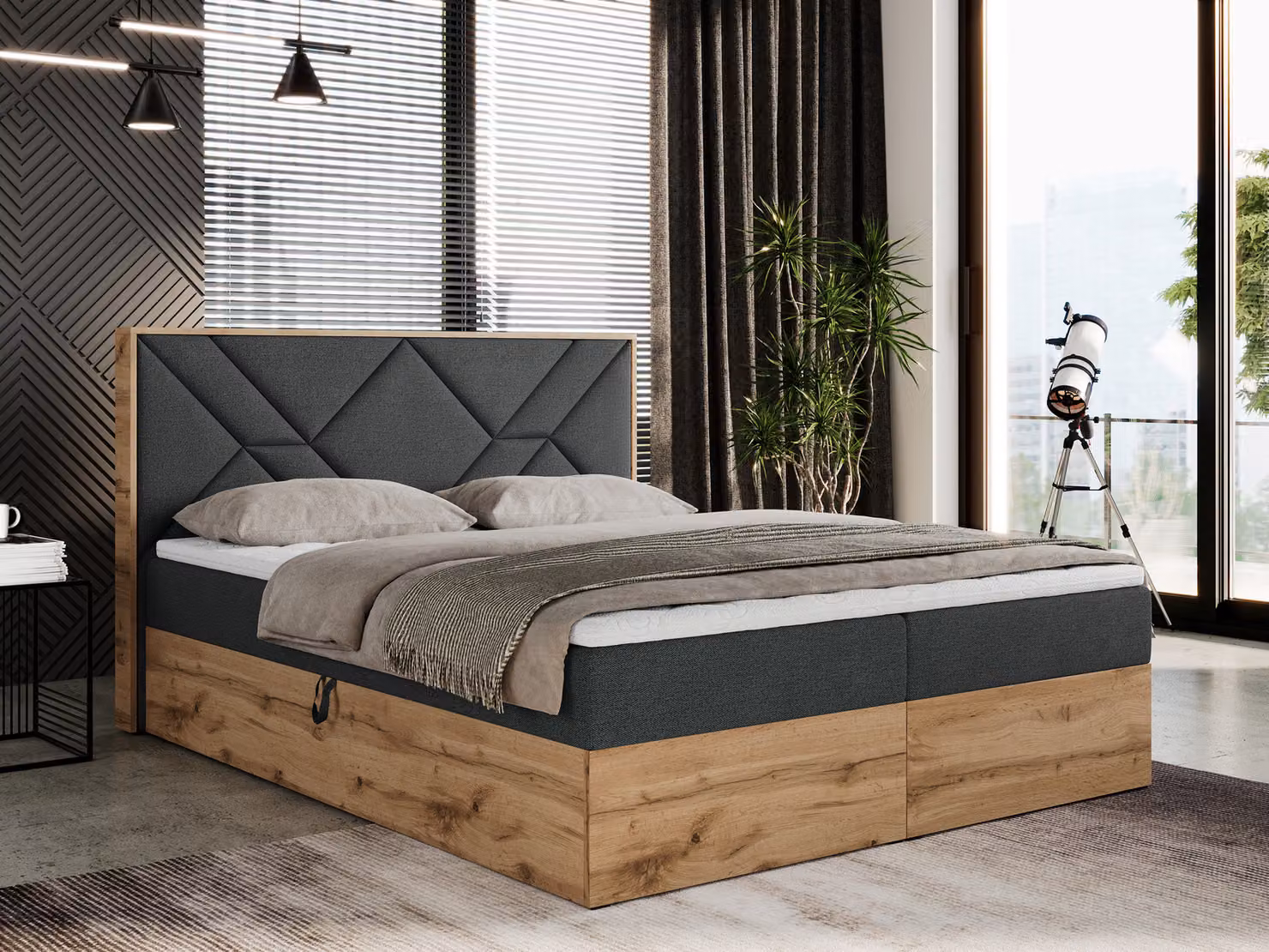 Letto boxspring 200x200 con contenitore, letto imbottito 200x200 con materasso H4, letto boxspring 200x200 con testiera, letto boxspring in legno massello - Gunar - Grigio scuro strutturato - H4