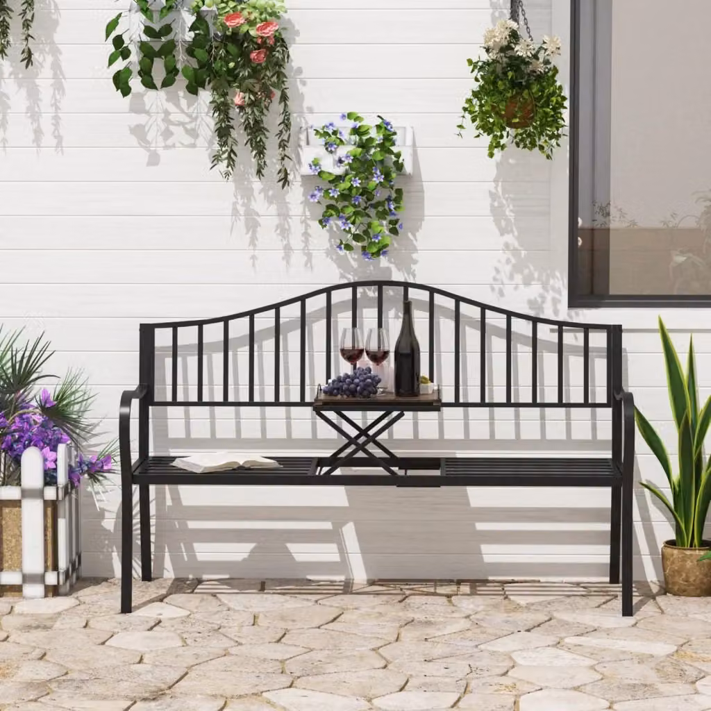 Easycomfort Panchina da Esterno a 2 Posti con Tavolino Estensibile in Metallo Nero L: 150 cm, P: 53 cm, H: 95 cm – 2