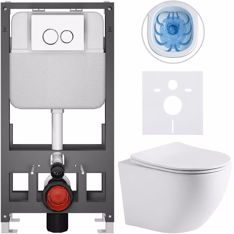 Set completo per WC a pavimento "Cesso" - bianco opaco - pulsante Prime/Dualo, bianco - modello autoportante - installazione a parete/con pannelli di cartongesso - 49x36 cm