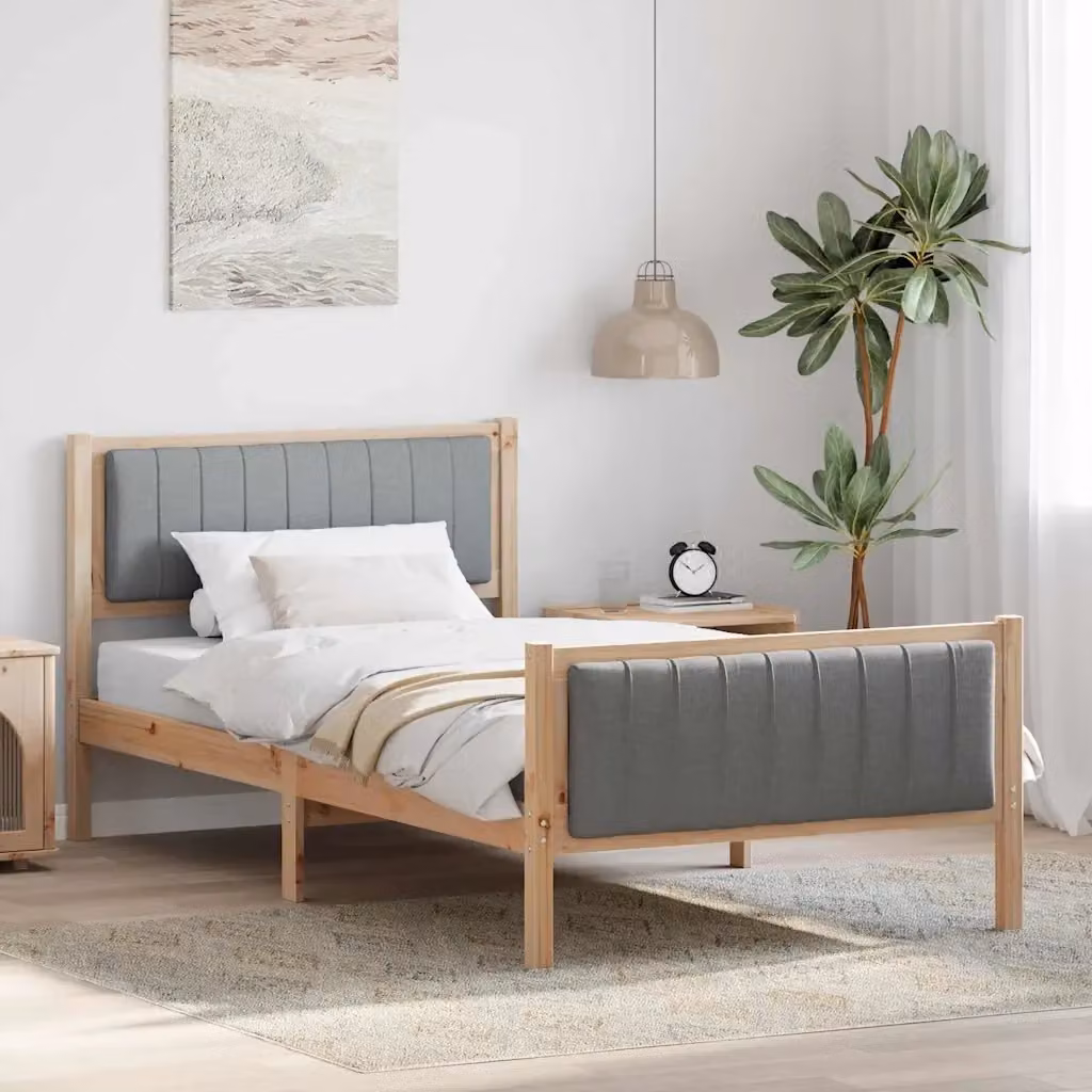 Letto singolo moderno in legno di pino con struttura imbottita marrone e grigio chiaro L/P/H: 200 x 100 x 85,5 cm – 2