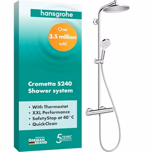 hansgrohe Crometta S - Colonna doccia con miscelatore termostatico, Sistema doccia (⌀ 240 mm) con rubinetto, doccetta (2 getti), tubo, asta e soffione doccia tondo (1 getto), cromo, 27267000