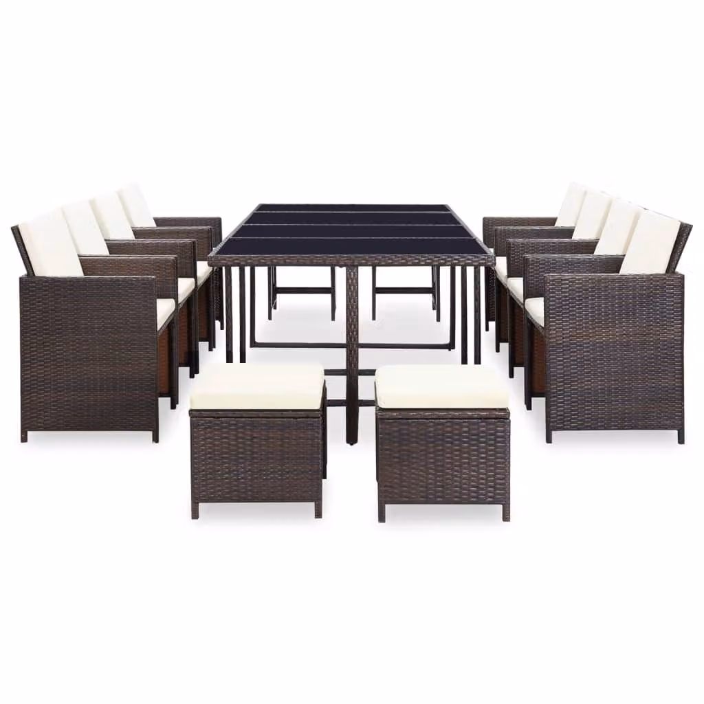 Set da Pranzo da Giardino 13 pz con Cuscini Polyrattan Marrone