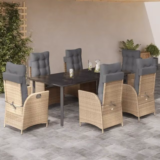 Set da pranzo da giardino vidaXL in polyrattan con tavolo in vetro e 7 pezzi con cuscini beige