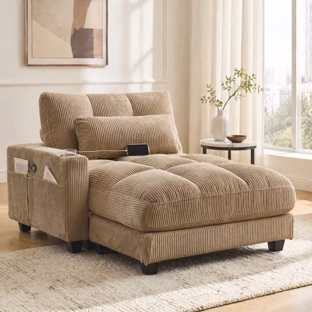 Poltrona relax Mivray in velluto a coste verde e beige con struttura in legno massello, L: 81 cm, P: 140 cm, H: 112 cm