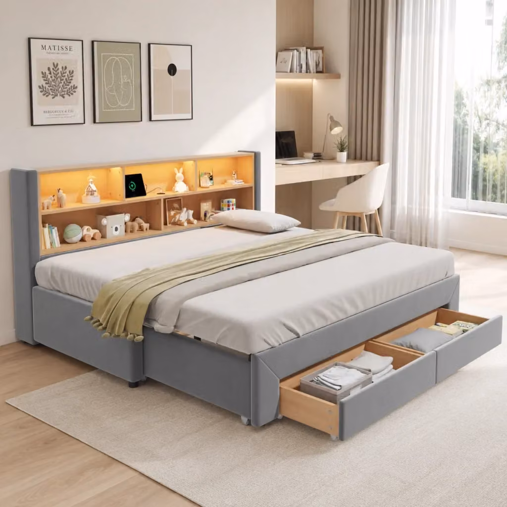Letto estraibile OKWISH in velluto grigio con cassetti, porte USB, Type-C e illuminazione LED, L/P/H: 90 x 200 x 46,4 cm – 2