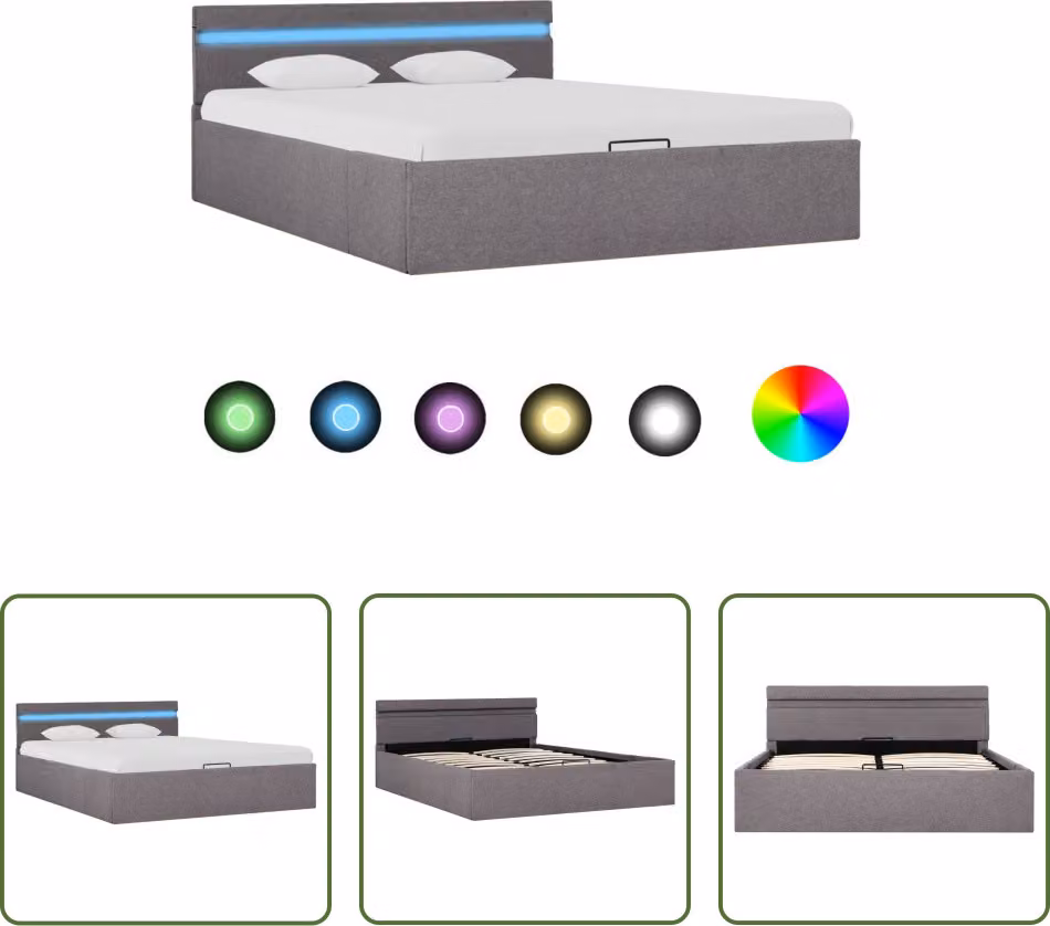The Living Store Letto con rete Idraulica con LED Tessuto Taupe 140x200 cm