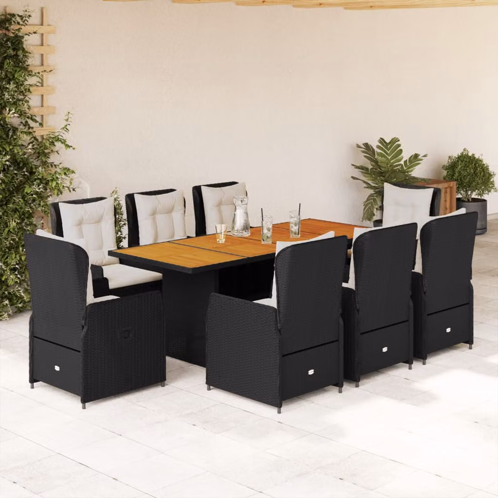 Set da Pranzo da Giardino vidaXL in Polyrattan Nero con Cuscini e Piano in Legno di Acacia, 9 Pezzi – 1