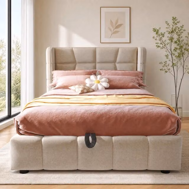 Letto contenitore Mivray imbottito con sollevamento pneumatico in tessuto beige L/P: 90 x 200 cm