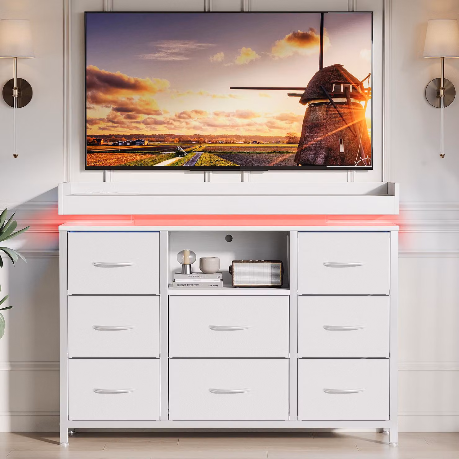 Comodino UnboxG ADB-172 bianco con 8 cassetti in tessuto, illuminazione LED cangianti e prese di corrente integrate; mobile contenitore moderno per camera da letto e soggiorno