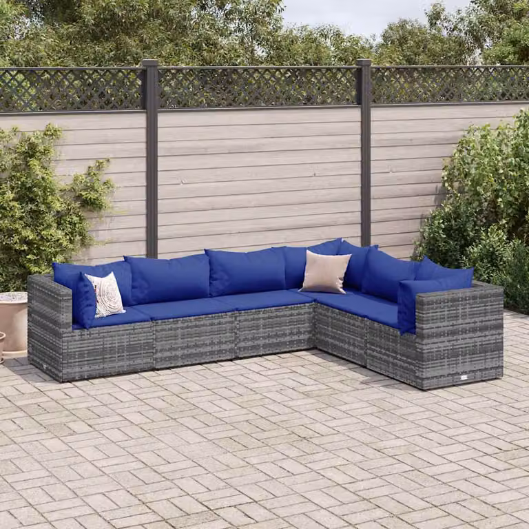 Set di Divani da Giardino vidaXL a Forma di L con Cuscini, Struttura in Metallo e Polyrattan Grigio e Blu per 6 Persone