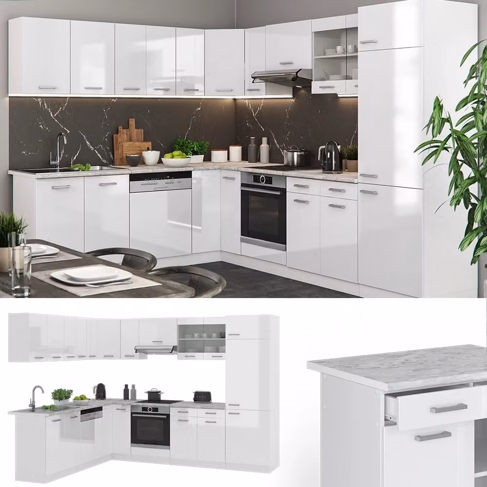 Cucina angolare moderna Vicco R-Line Bianco lucido/Bianco L/P/H: 287 x 227 x 85 cm – 2