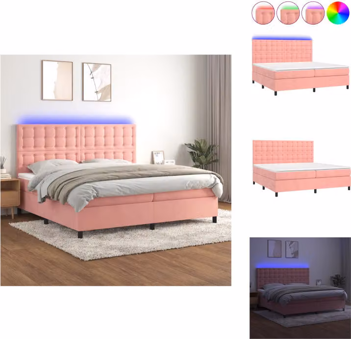 vidaXL Letto a molle con materasso e LED in velluto rosa 200x200 cm - Letti e strutture letto