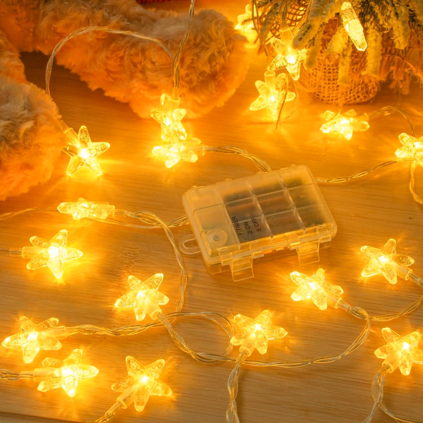 Catena luminosa con stelle, luce bianco caldo, 6 metri, LED, timer, grado di protezione IP65