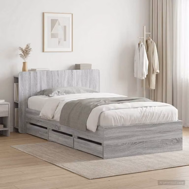 vidaXL Struttura letto con contenitore e testata in legno Sonoma grigio L/P/H: 221.5 x 140 x 95 cm