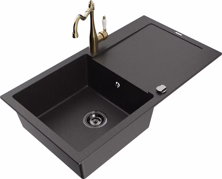 Mexen Leo lavello in granito a 1 vasca con scolapiatti e miscelatore da cucina Carla, nero/oro metallizzato
