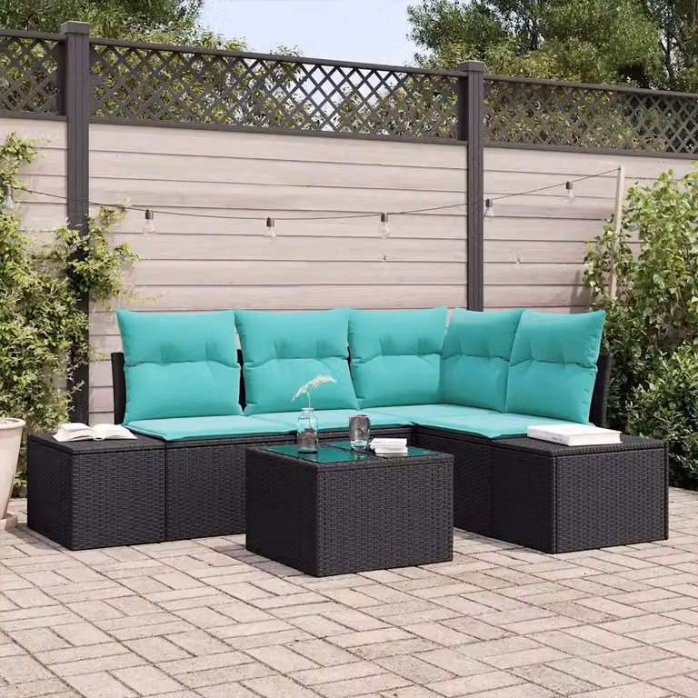 Set Divano da Giardino L-Shape vidaXL 5 Pezzi con Cuscini e Tavolino Nero e Turchese