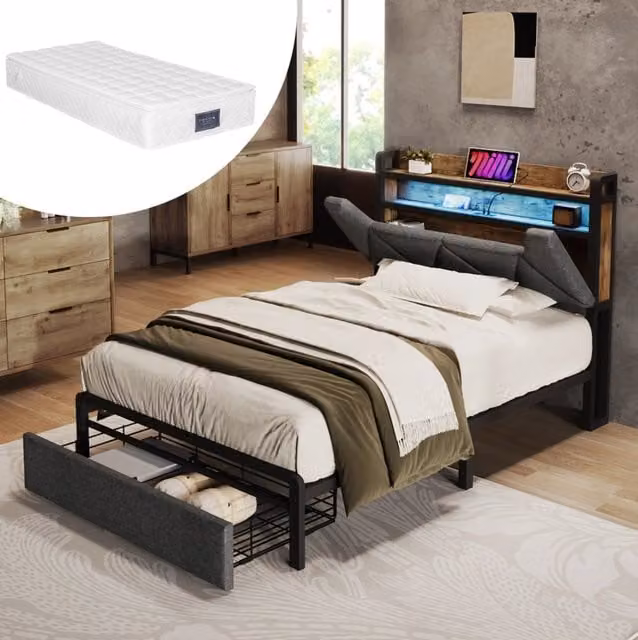 Letto 90x200 cm grigio – LED, vano portaoggetti, USB-C e materasso