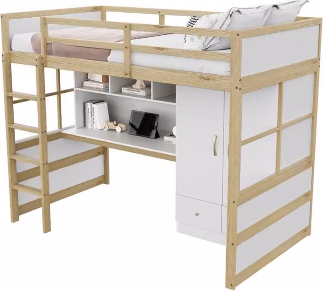 Letto a soppalco singolo REDOM in legno massiccio con scrivania, armadio e cassetti, L/P/H: 204.5 x 90 x 174 cm