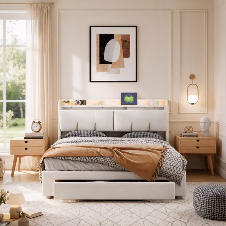 Letto matrimoniale idraulico INONEFT, 160x200 cm, con 1 cassetto, dotato di luci LED e prese USB, letto imbottito con spazio contenitivo nella testiera, rivestito in velluto color beige