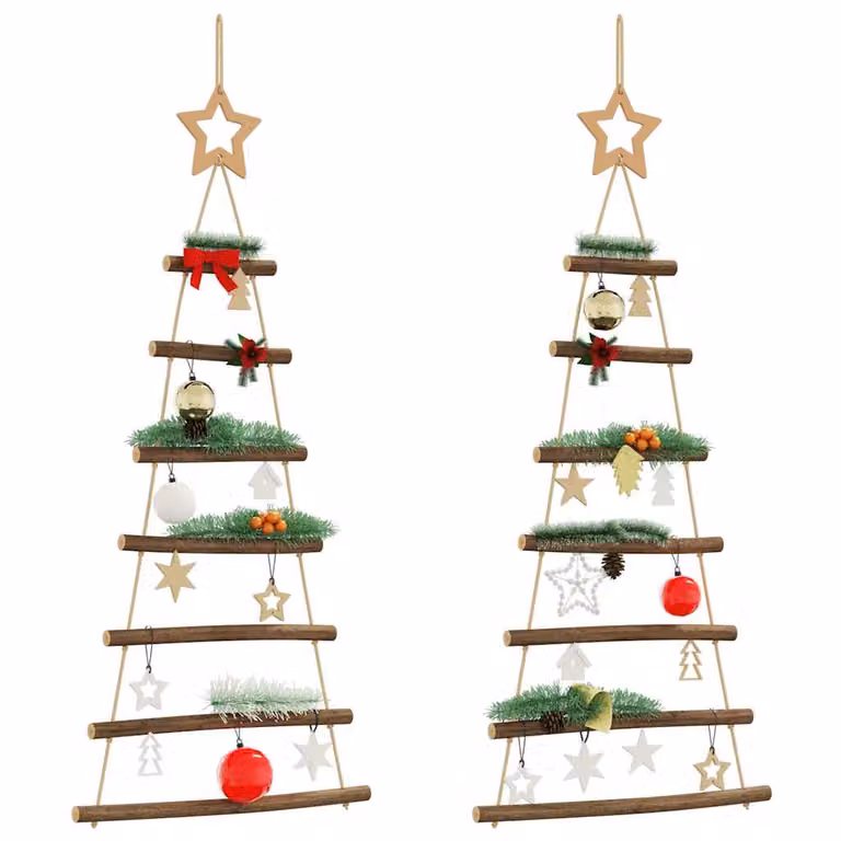 Set di 2 alberi di Natale sospesi con stelle vidaXL, decorazioni in legno stile rustico, marrone e multicolore, H 90 cm x L 42 cm