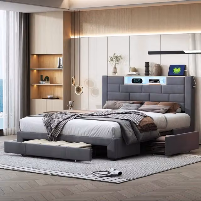 Letto Matrimoniale 140x200 cm con 3 Cassetti; Struttura Letto Imbottito con Luci LED e Porta USB; Testiera in Velluto; Senza Materasso; Grigio