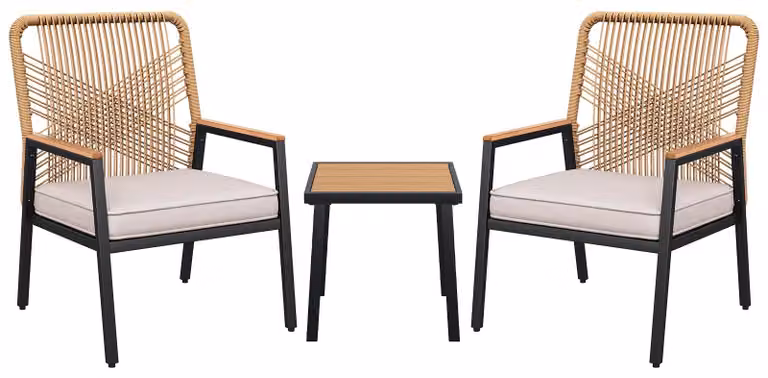 Set di mobili da giardino composto da 3 pezzi: set per balcone con 2 sedie e un tavolo, realizzato in rattan sintetico, con struttura in metallo, completo di cuscini per seduta, con una capacità di carico fino a 160 kg, colore beige chiaro